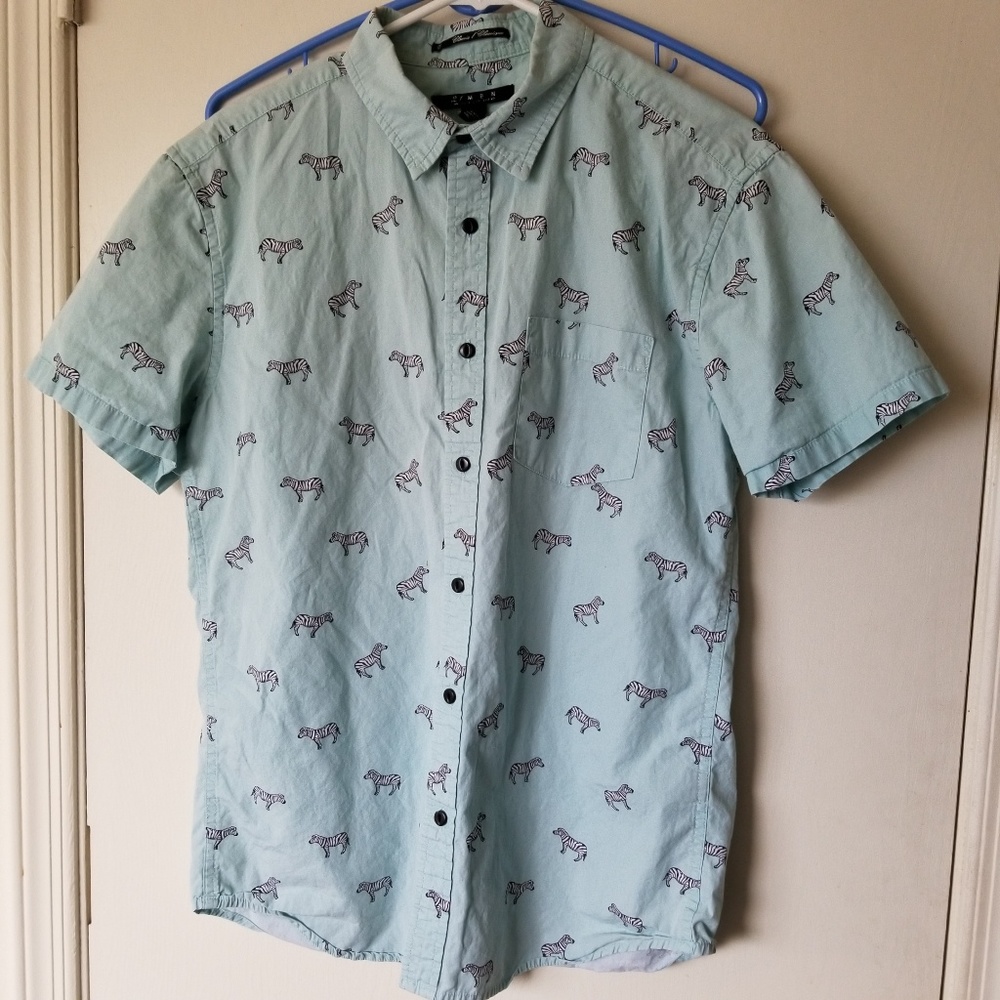 21 men zebra print button up mint green EUC
